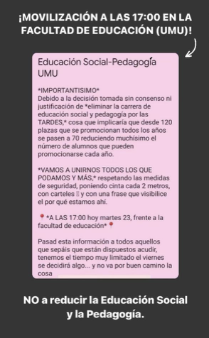 pazprendes's tweet photo. Contra la eliminación de grupos de pedagogía y educación social, que SIEMPRE cubren el cupo de plazas. Y contra las decisiones tomadas sin consenso, sin justificación y sin información a la comunidad universitaria @laverdad_es @diariolaopinion @UMU #NiUnGrupoMenosEnEducación https://t.co/ZhGjPWCe2G