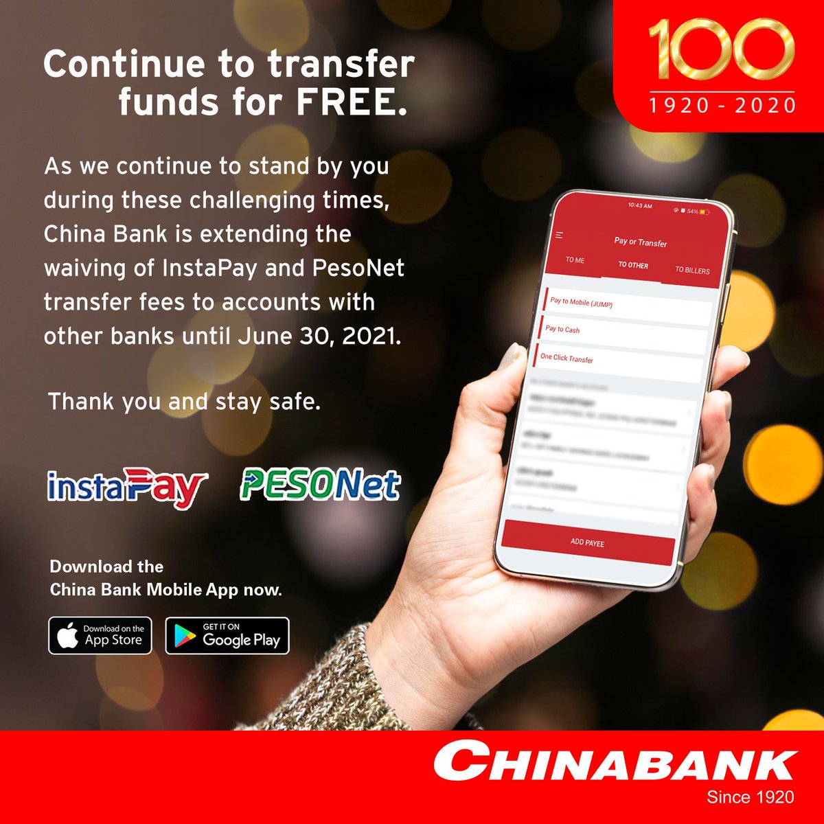 chinabankph's tweet photo. Continue to transfer funds for FREE. 

As we continue to stand by you during these challenging times, China Bank is extending the waiving of InstaPay and PesoNet transfer fees to accounts with other banks until June 30, 2021.

Thank you and stay safe! https://t.co/zcioA2ov4F