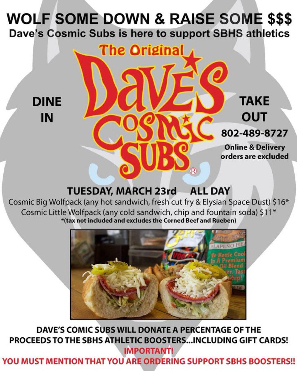 SBHS_Boosters's tweet photo. TODAY! @davescosmicvt is offering a sweet deal to SBHS...AND giving back!! A portion of sales &amp; gift cards purchased 3/23 will be donated to Boosters. Please note upon ordering that you are part of the Boosters fundraiser. Thank you, Dean Rolland! https://t.co/5yTupjfprn