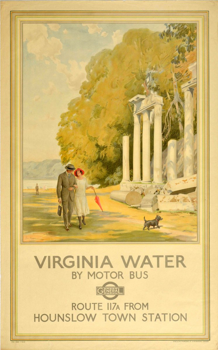 AntikBar's tweet photo. Original #vintage #poster of the day - Virginia Water by Motor Bus (1923) Artist: Fred Pegram https://t.co/1lOgLe6rPM
#VirginiaWater #MotorBus #LondonTransport #Windsor #Estate #Surrey #Dog #Walk #ParkLife #AfternoonStroll #Travel #Art #History #Ruins #Lake #Nature #PuppyDay https://t.co/sxbl6DgH3x