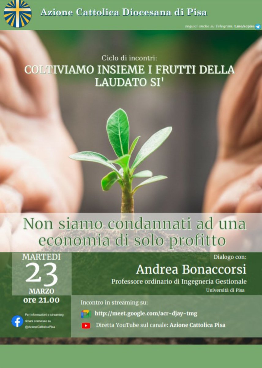 AcPisa's tweet image. L'Azione Cattolica di #Pisa continua l'approfondimento sui temi della #Laudatosi'
Stasera sul nostro canale @YouTube