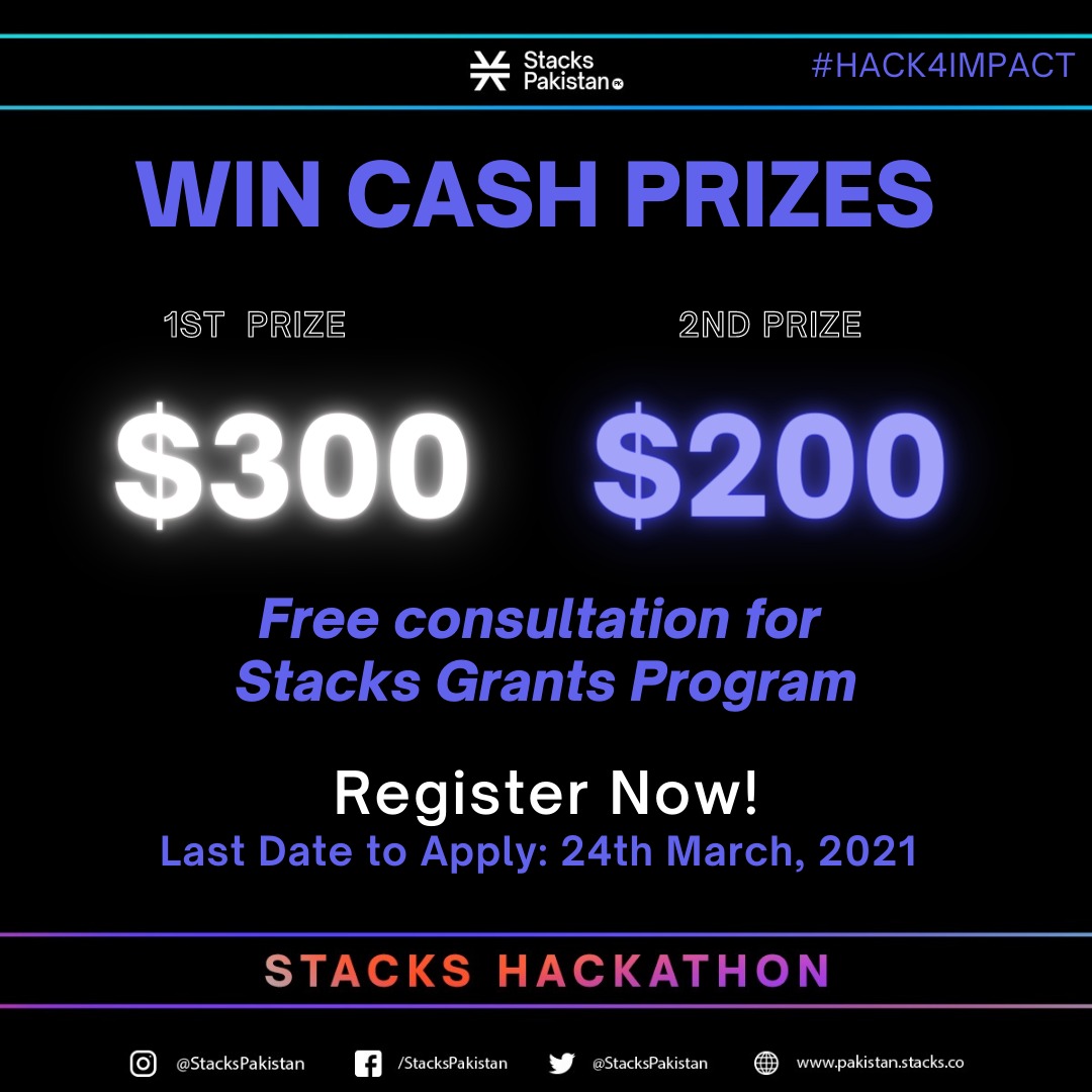 StacksPakistan's tweet photo. Participate in Stacks #Hack4Impact and WIN up to US $300!
Apply now at https://t.co/R6xIkZYAc2
Deadline to Apply 11:59pm, 24th March, 2021
#StacksPakistan #StacksHackathon https://t.co/GzAgs7HYZ0