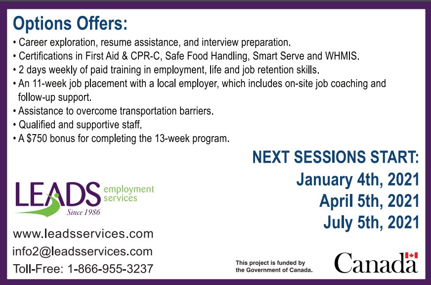 Join "Options!":
This program is a 13 week paid employment program for youth between the ages of 15-30 years old who have disabilities and/or barriers in obtaining employment. Barriers can include a lack of experience, anxiety, not knowing where to begin etc. <a href="/LEADSEmployment/">LEADS Employment</a>