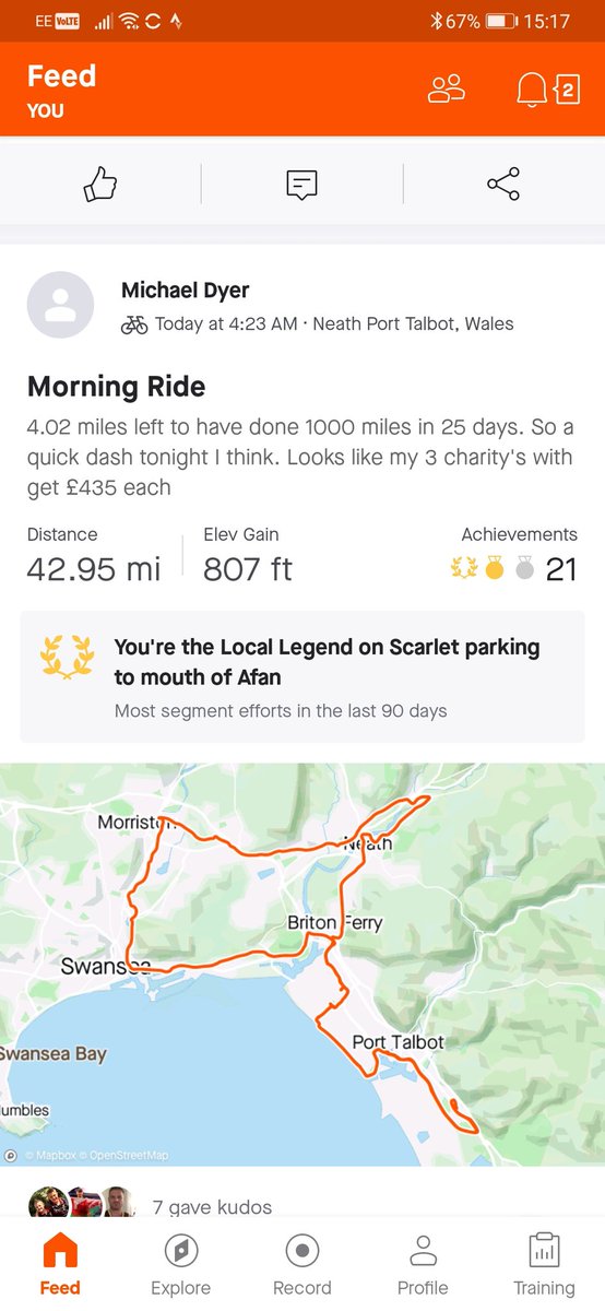 Aberavonschools's tweet photo. My original plan was 874 miles in 31 days so after completing that in 20 I've spent the next 5 days doing another 126 miles to make it 1000 miles to raise money for @NPTMind @YCB_Community and Aberavon Schools. Massive thank you to all who have sponsored me. https://t.co/m13qu4udC6