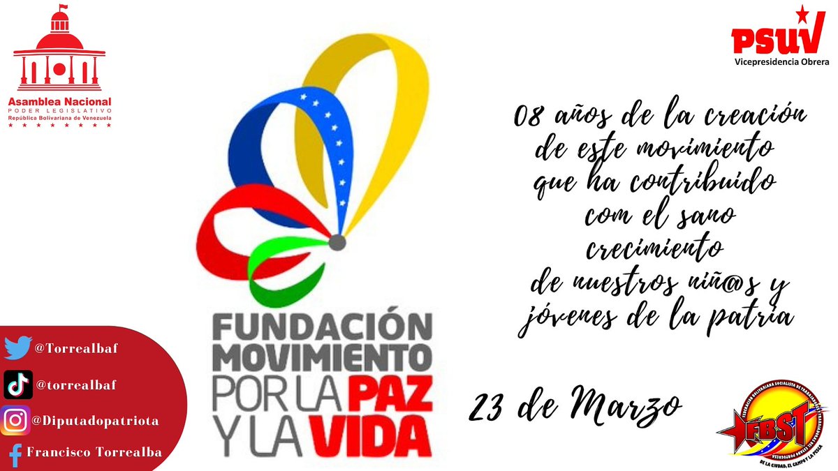 #23DeMarzo #08Años del #MovimientoPazYVida
Nuestras más sinceras felicitaciones a esos hombres y mujeres que con su trabajo transforman vidas.  #MovimientoPazYVida
#ActivosContraElVirus
@maduro_en @VicePSUVObrera