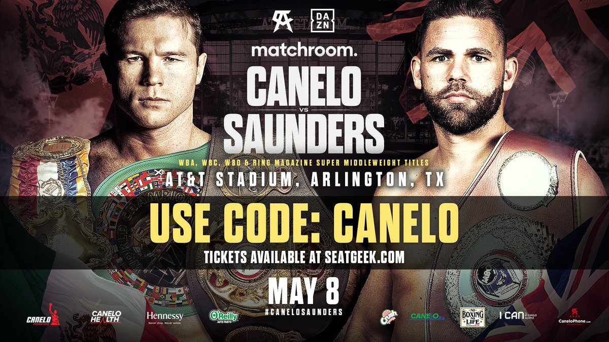 Canelo's tweet photo. Ya comenzó la preventa para #CaneloSaunders!
🗓️ 08 Mayo 2021
🏟️ AT&amp;T Stadium
🎟️ Para comprar utiliza el código: CANELO

The presale for #CaneloSaunders has started!
🗓️ May 8th 2021
🏟️ AT&amp;T Stadium
🎟️ For tix use code: CANELO

Buy here ➡️ https://t.co/BcSKHvxL8L https://t.co/SikM24sXEj
