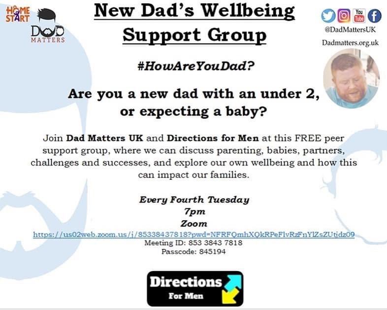Really looking forward to joining <a href="/dadmattersuk/">dadmattersuk</a> tonight at 7pm for our New Dads Well-being session. Come and talk to us to let us know how you’re getting on or to talk about anything your finding tough #HowAreYouDad? #Collaboration

Zoom meeting ID: 853 3843 7818
Passcode: 845194