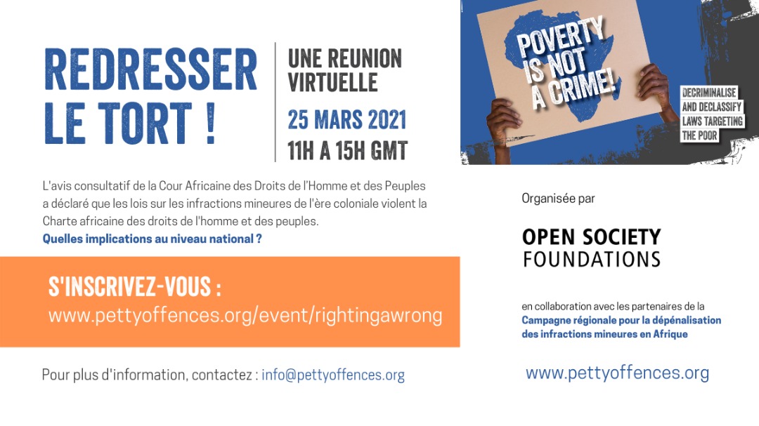 AFRICAN COURT RULES VAGRANCY ARRESTS ARE DISCRIMINATORY &amp; DISPROPORTIONATE
--
LA COUR AFRICAINE STATUE QUE LES ARRESTATIONS DES INFRACTIONS MINEURES SONT DISCRIMINATOIRES 
--
Righting a Wrong! | Redresser Le Tort!
25.03.21 | 11h-15h GMT
SignUp/S'inscrivez: forms.gle/jr6rTXz5F2wxsC…
