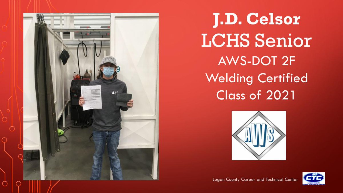 LoganCoCTC's tweet photo. Congratulations to J.D. for achieving his AWS DOT-2F Welding Certification! #LCpride #lcctc #skills4life #TCCHS https://t.co/IRJElBAPdp