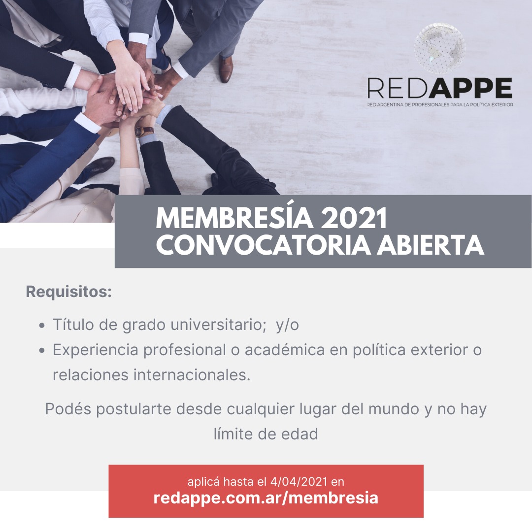 REDAPPE's tweet photo. CONVOCATORIA ABIERTA | Membresía 2021
¡Abrimos la convocatoria para la incorporación de nuevas/os integrantes!
✔️ Requisitos: contar con un título de grado universitario y/o experiencia profesional o académica en política exterior o RRII.
APLICÁ ACÁ 👉https://t.co/pyV3sqmMgj https://t.co/3qkj9qvHWW
