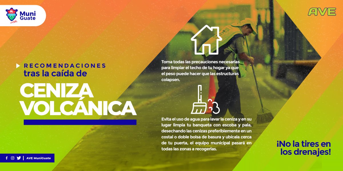 ⚠️Información importante ⚠️ 
Tome las medidas de precaución ante la caída de ceniza volcánica. No disperse o tire la ceniza hacia los tragantes para no afectar la red de drenajes.

<a href="/AVEMuniGuate/">AVE MuniGuate</a> 
#JuntosLogramosMás 
#PlanSantiago  #MuniGuate
#AlcaldeQuiñónez