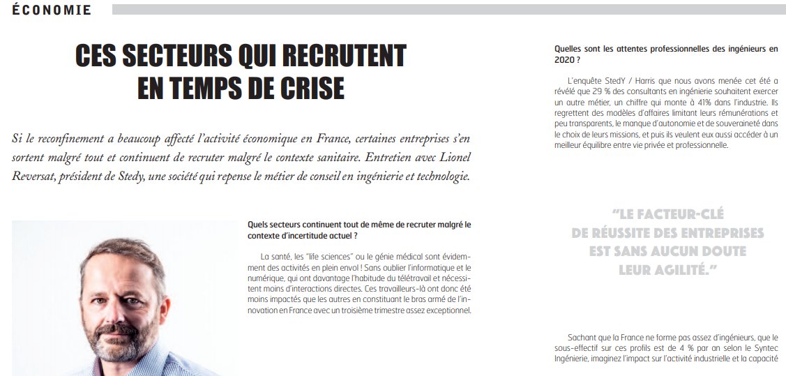 StedyFrance's tweet photo. 📢 [Presse] "Si le #reconfinement a beaucoup affecté l'activité économique en France, certaines entreprises s'en sortent et continuent de recruter"

Un entretien pour le @CDParlement 

https://t.co/a3FDZl0kfV

#Conseil #Ingenierie #Consultant #Ingénieur https://t.co/bZxsIwhpVL
