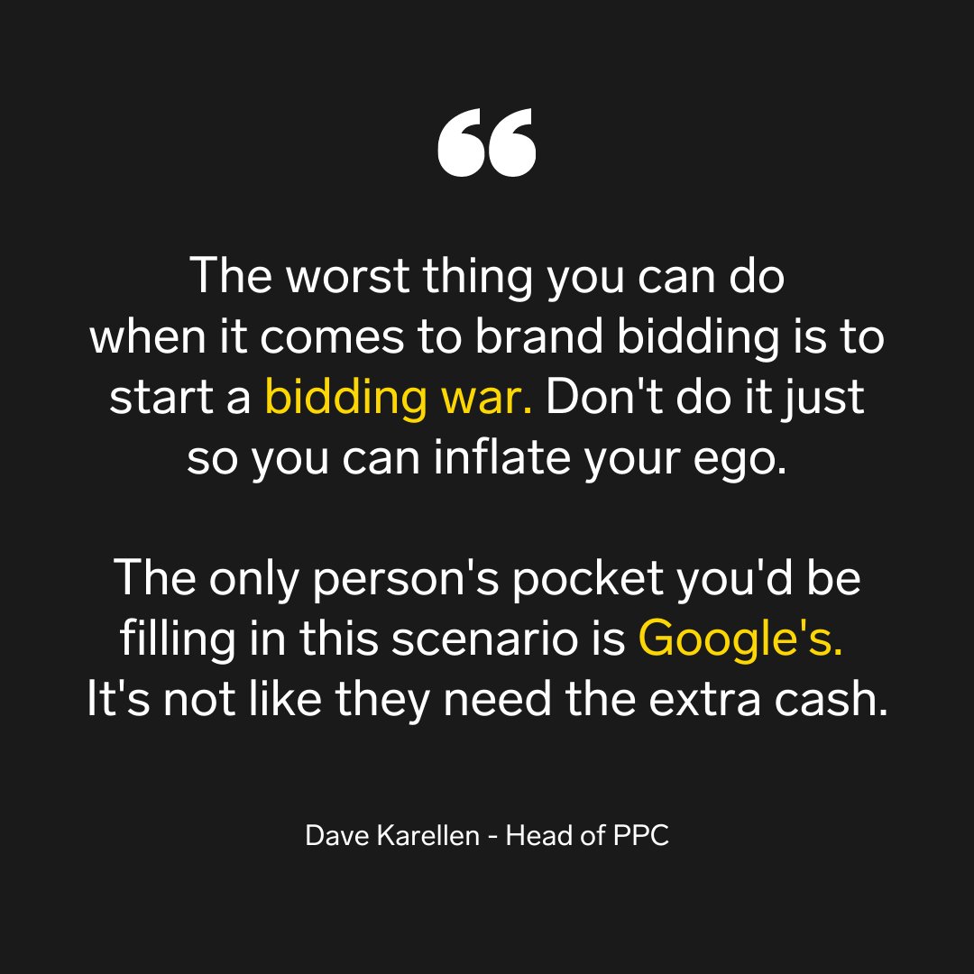 Don't start a bidding war just to inflate your ego. Do you agree with Dave Karellen's thoughts here?

What do you think about brand bidding? Is it just a big waste of time or is it indeed an important part of PPC?

darkhorse.co/insights/brand…

#ppc #googleads #brandbidding #debate