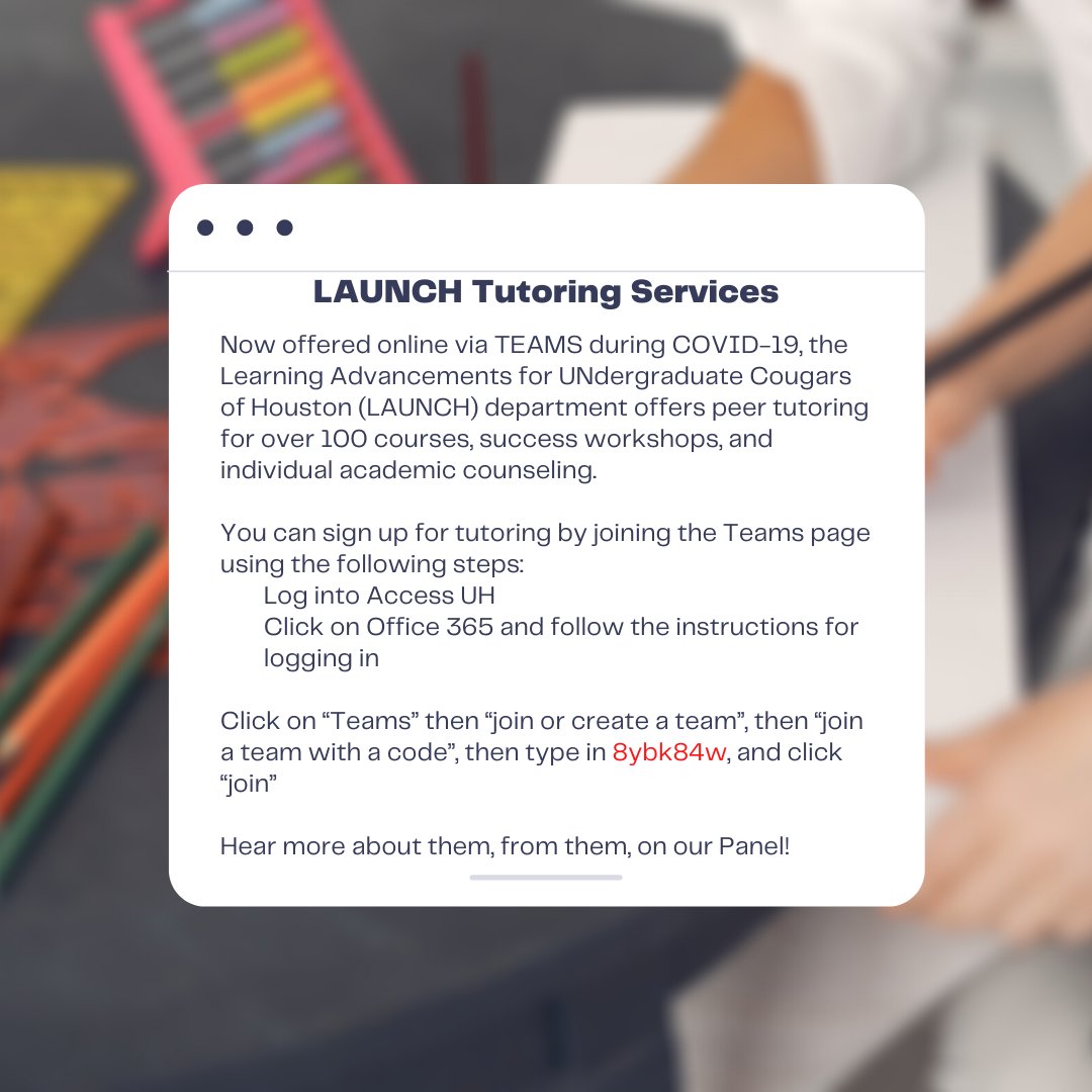 uh_doslc's tweet photo. Just ONE WEEK until the UH DOSLC College Panel: Campus Resources Edition! RSVP at https://t.co/b7OGhFkli8 to hear more from CAPS, the Writing Center, LAUNCH tutoring services, and University Career Services. https://t.co/76BCyVLNFT