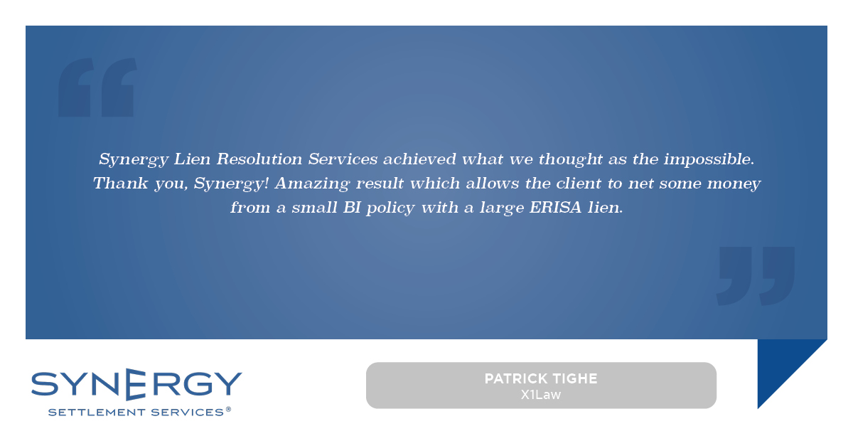 synergypartnr's tweet image. See what Patrick Tighe of X1Law had to say about Synergy #LienResolution Services:

#ERISA #ERISALien #TestimonialTuesday