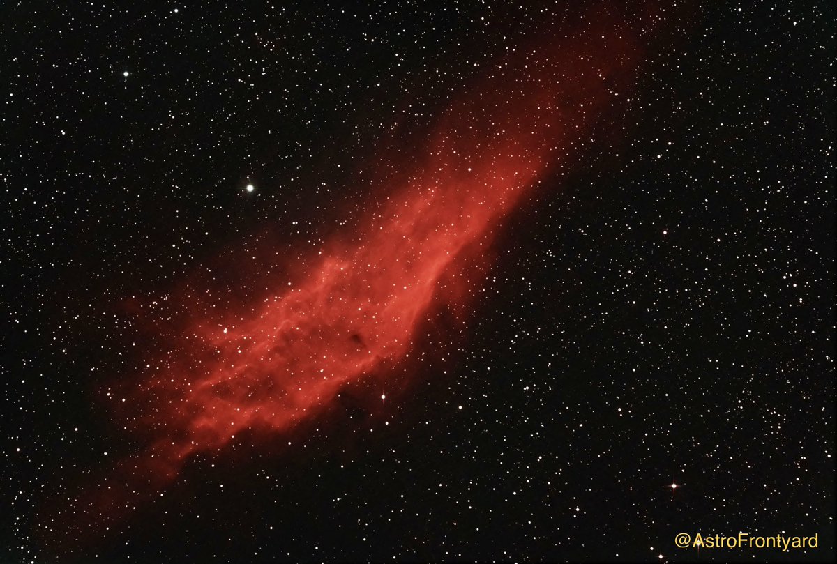 AstroFrontyard's tweet photo. NGC 1499 California nebula taken last night with the new Redcat51, 2.5hr integration with L-eXtreme under 60.4% illuminated moon. I am loving the little Redcat now. Thanks to all you followers, the likes and RT. Your support is gratefully appreciated🙏💪#astrophotography #nebula https://t.co/GzcgcfhHWv