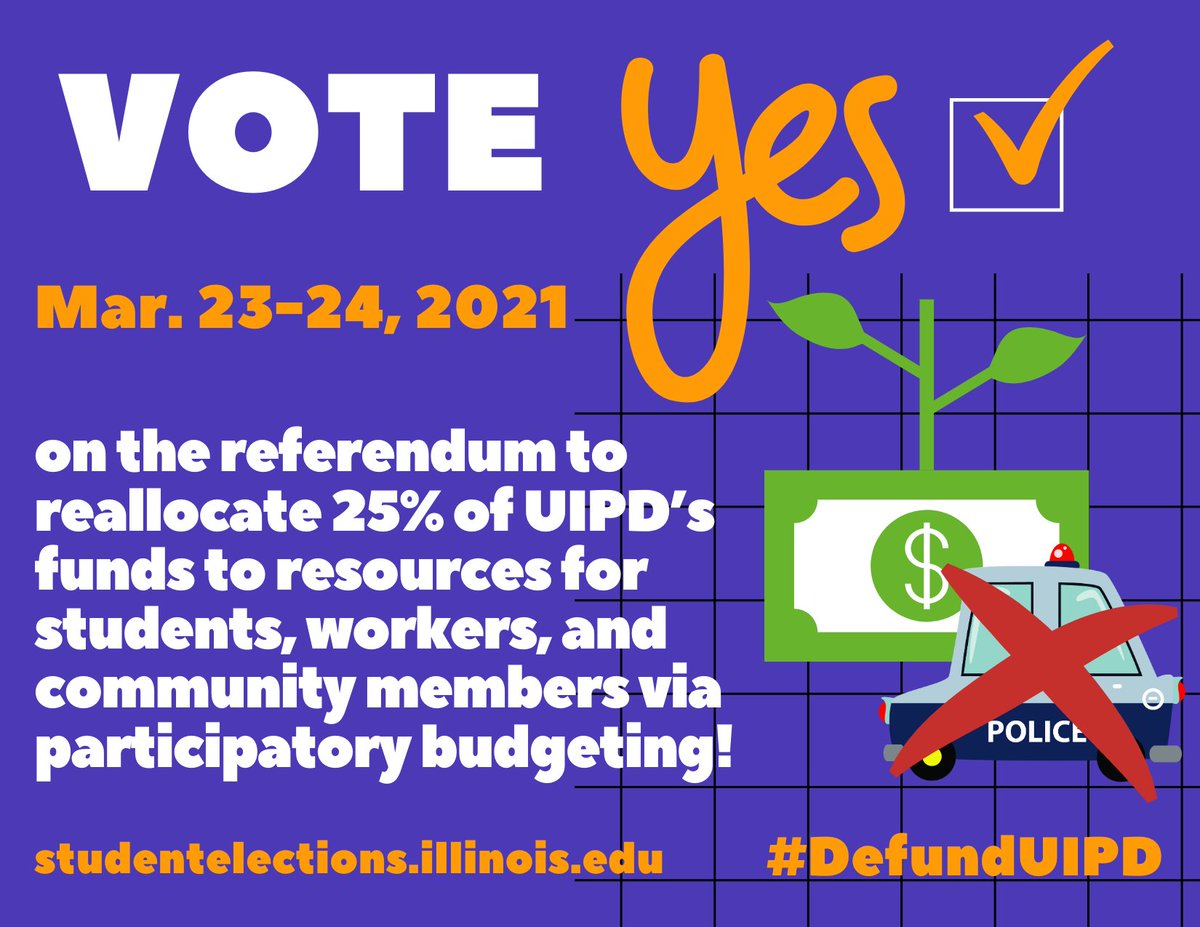 Vote YES today &amp; tomorrow: studentelections.illinois.edu!
From 7/2019-6/2020, UIUC spent $8.2 million on UIPD. The referendum asks for 25% (~$2.05 million) be redistributed to resources for students, workers, &amp; community members (eg mental health resources) bit.ly/DefundReferend…