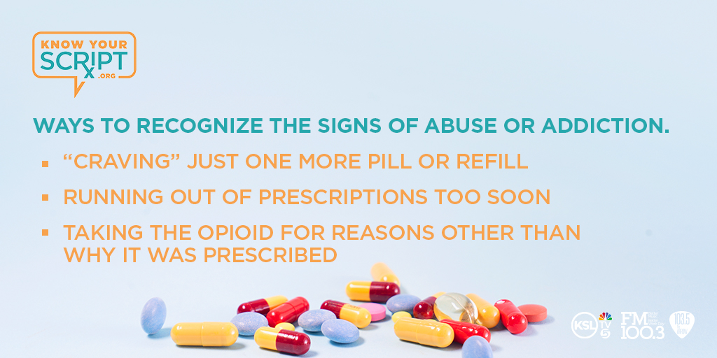 KSL5TV's tweet photo. Do you know how to recognize the signs of an #addiction? Today we're working in partnership with #KnowYourScript to help you better look for the signs that something is wrong. Visit https://t.co/CKeQGCBb8I for more information and watch &listen to @KSL5TV, @FM1003, @1035theArrow https://t.co/Ie4fJcEw9t