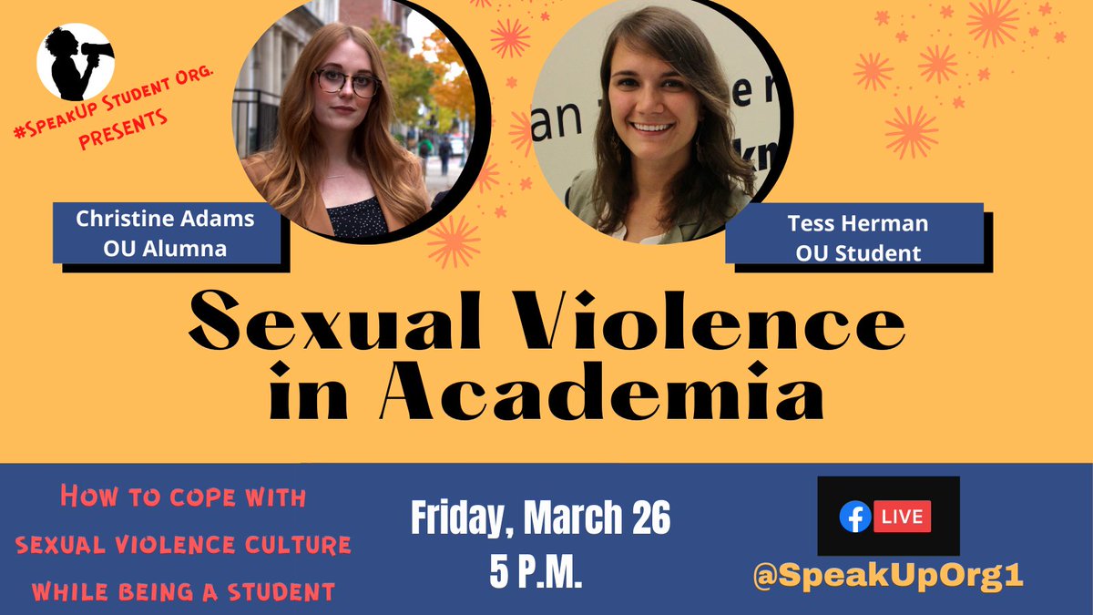 SpeakUpWoMEN1's tweet photo. 🚨#SpeakUp 📢#MeToo #MeTooAcademia 
Two survivors share their experiences of sexual violence by #OU professors; how they navigated the process of reporting them while keeping up with their academic and emotional lives.
Live stream Friday at 5 p.m. here 👇 https://t.co/thYHjVgifx https://t.co/flXf5R1oFY