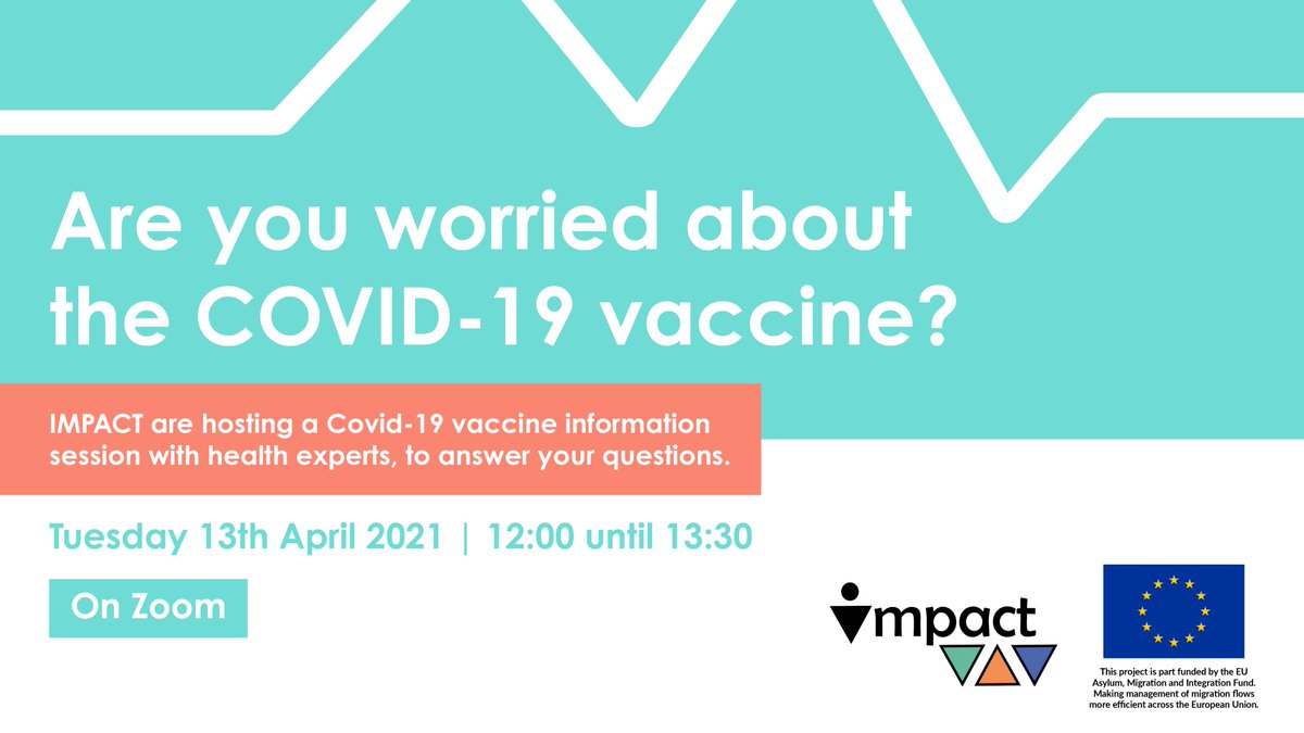 Free information session about the #CovidVaccine.

IMPACT is running an advice session for refugees and non-EU migrants, in #Bristol, to learn more about the #COVID19 vaccine and answer any questions.

To learn more or register, contact ImpactBristol@groundwork.org.uk/07736133059