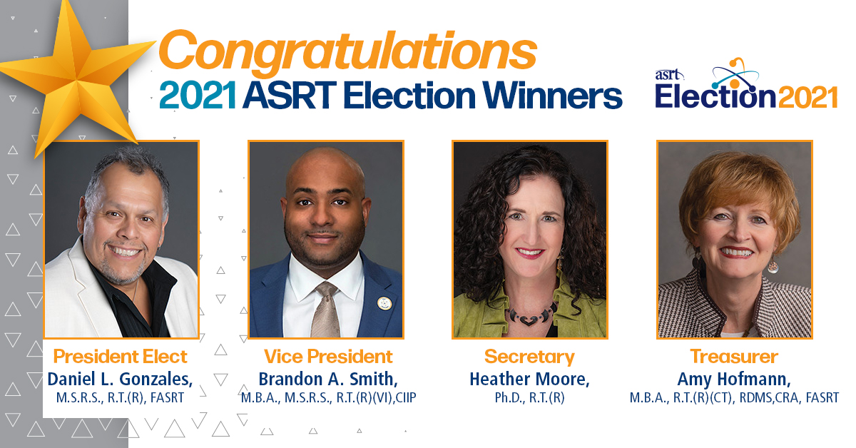 ASRT's tweet photo. ASRT offers it congratulations and best wishes to the four #ASRTMembers elected to leadership positions on the Board of Directors. To everyone who voted and everyone who ran, thank you for your commitment to our governance process. https://t.co/qRzeBJZ716 https://t.co/2ciAIceJee