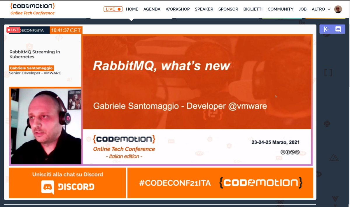 Tinux80's tweet image. #RabbitMQ, what&apos;s new
by @GSantomaggio (@vmware) at @CodemotionIT 

#Codeconf21Ita #Codemotion #Kubernetes