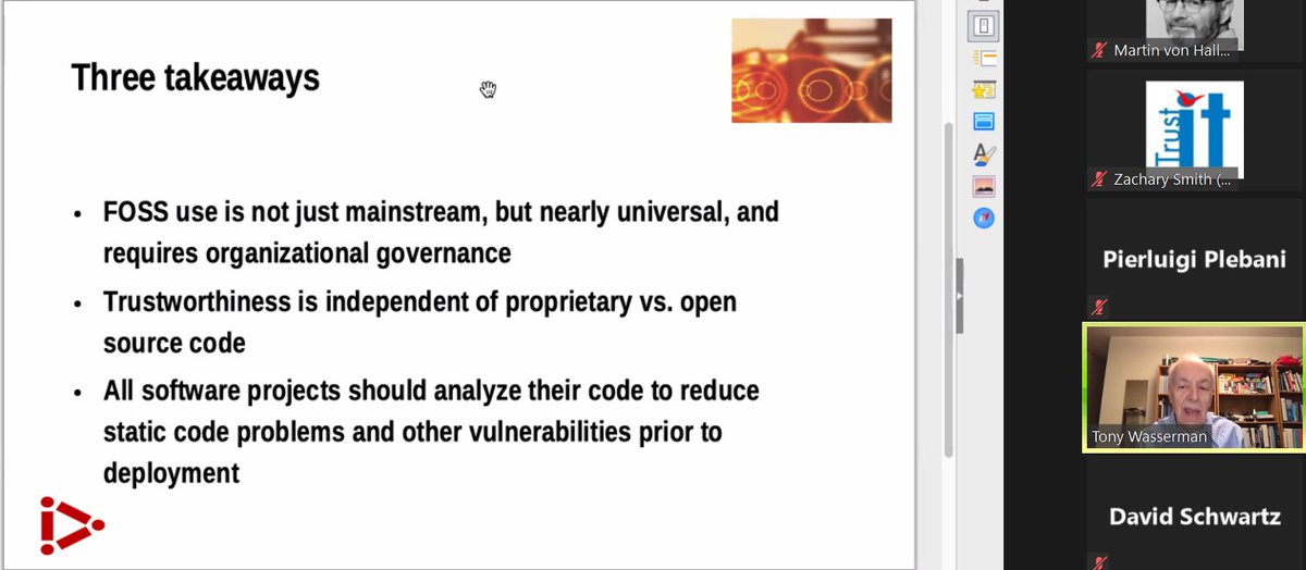 SWforumEU's tweet photo. "Trustworthiness is independent of proprietary vs. open source code" - @twasserman at #SWForumWorkshop

#software #OpenSource #SoftwareEngineering 

Register now:
👩‍💻https://t.co/w9BZM94eRi https://t.co/jXdO8sSDjP