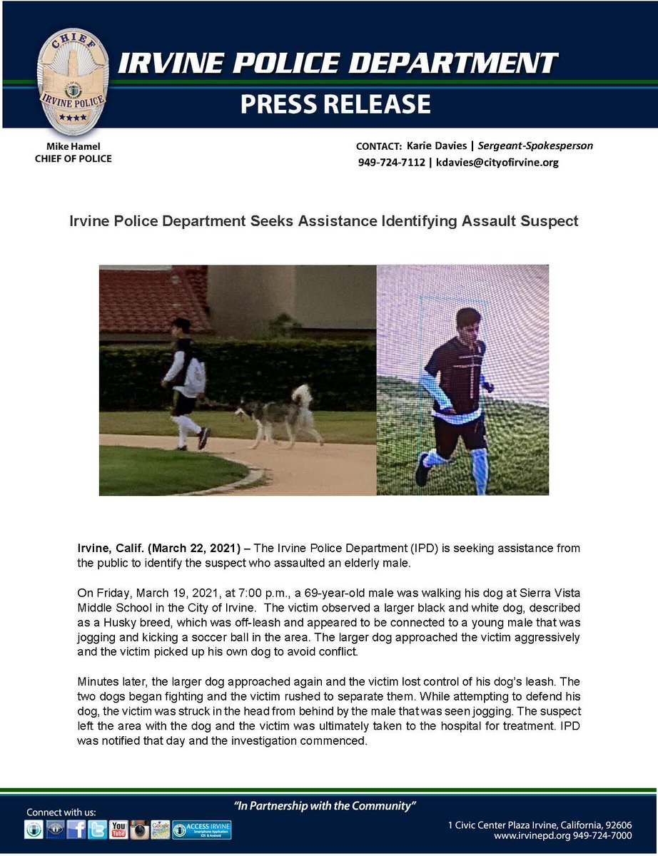 IrvinePolice's tweet photo. Press Release: Irvine Police Department Seeks Assistance Identifying Assault Suspect

Irvine, Calif. (March 22, 2021) – The Irvine Police Department (IPD) is seeking assistance from the public to identify the suspect who assaulted an elderly male. https://t.co/lD4EWNW66s