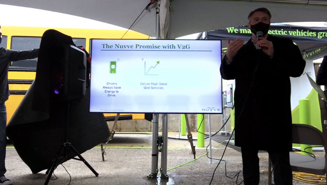 NuvveCorp's tweet image. Nuvve CEO @GPoilasne explaining the benefits of #V2G technology. #v2glaunch2021
#vehicle2grid #sustainability #electric #schoolbus  @BlueBirdBuses