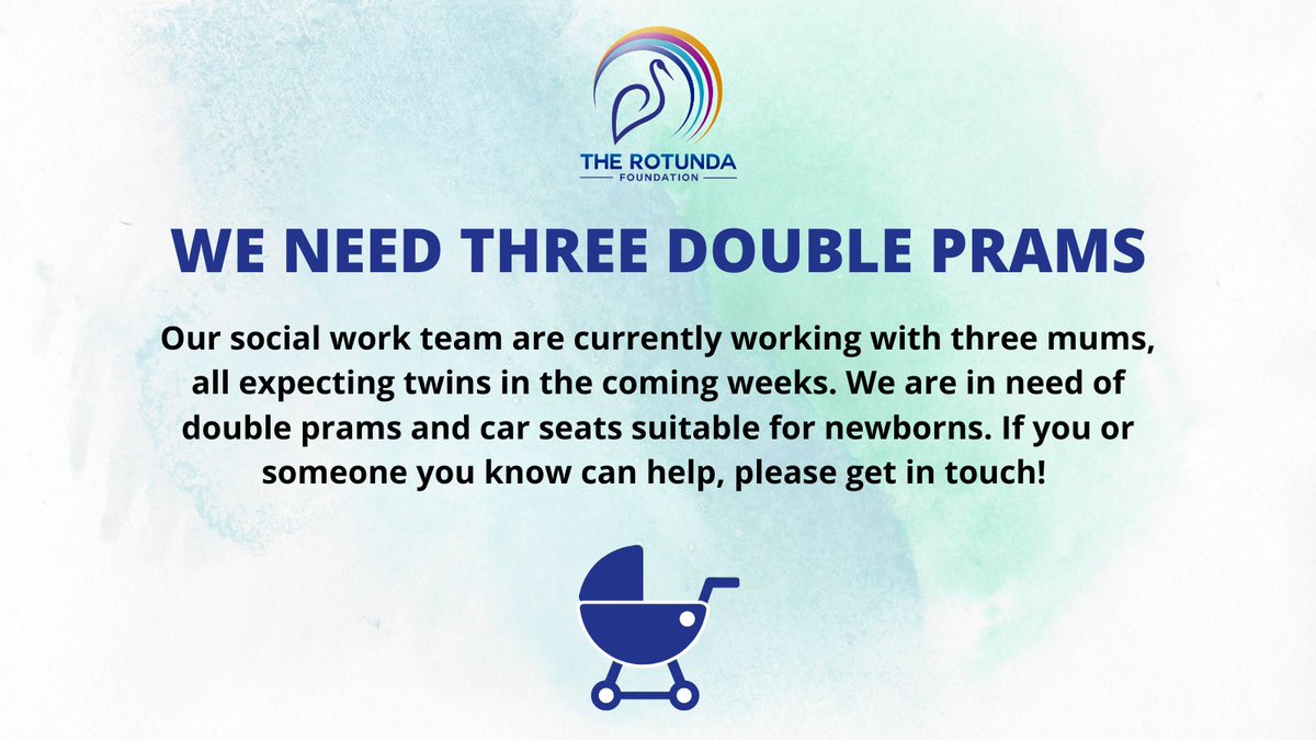 RotundaCharity's tweet photo. 📢Please share/Get in touch📢
The @rotundahospital social work department are currently working with three separate mums who are expecting twins in the coming weeks. They are in urgent need of twin prams and car seats suitable for newborns.

Please DM if you can help. Thank you! https://t.co/E9WgEA99LO