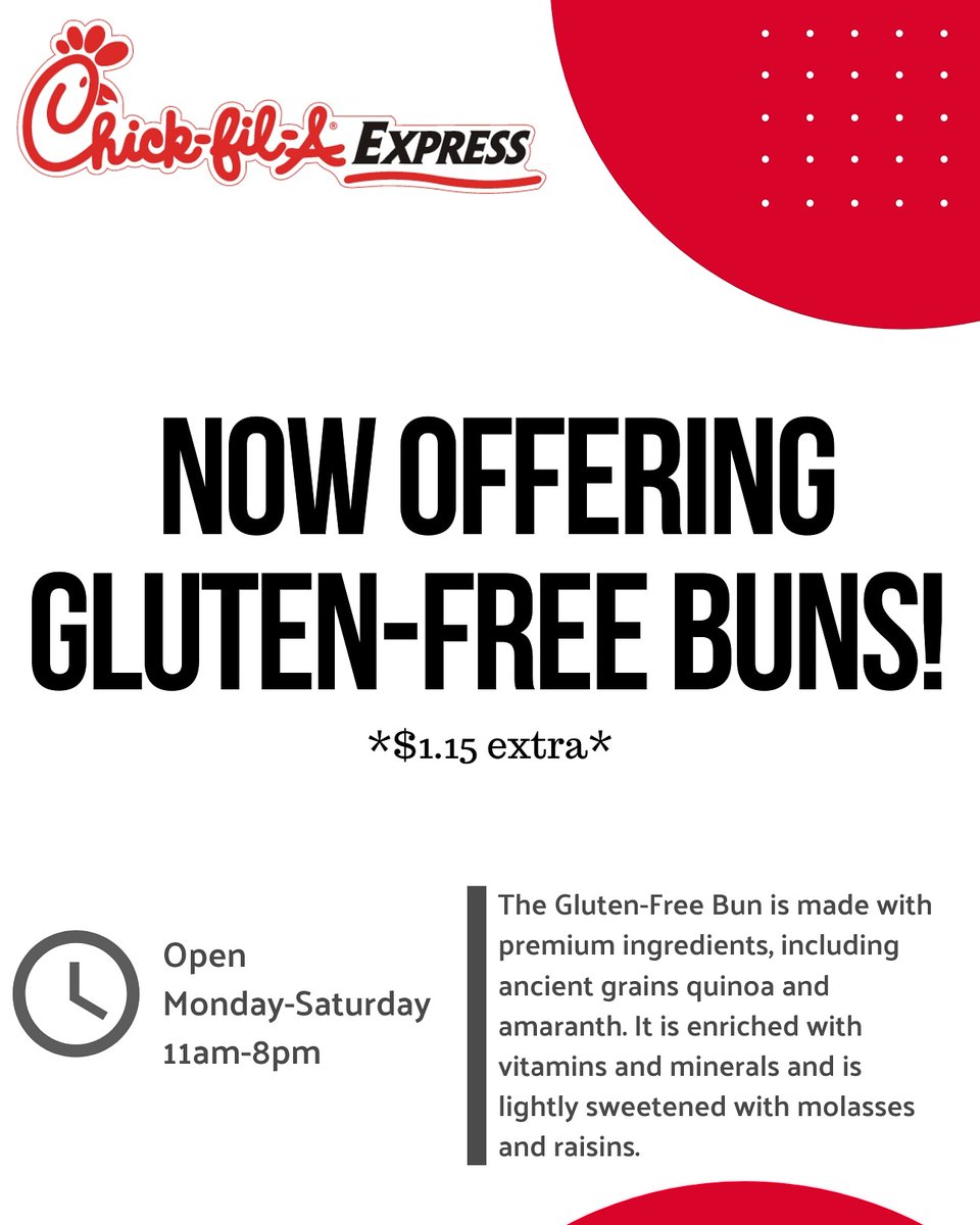ChickfilaExpCU's tweet image. Any Gluten Free peeps out there? We are excited to now offer gluten free buns!! Our GF buns are made with quinoa and amaranth grains, enriched with vitamins and minerals and lightly sweetened with molasses and raisins!