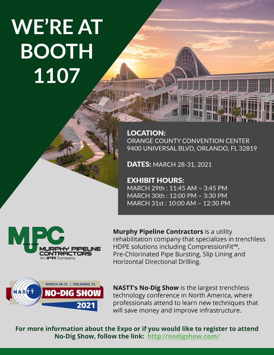 Team_IPR's tweet photo. @MurphyPipeline Contractors will be exhibiting at the @_NASTT @NoDigShow. Visit them at booth 1107 and meet the HDPE specialists. For more information about this show, go to https://t.co/DrUbJ1KunO.
#trenchless #trenchlesstechnology #infrastructure #teamipr #nodig2021 https://t.co/gVX5WLyeCa