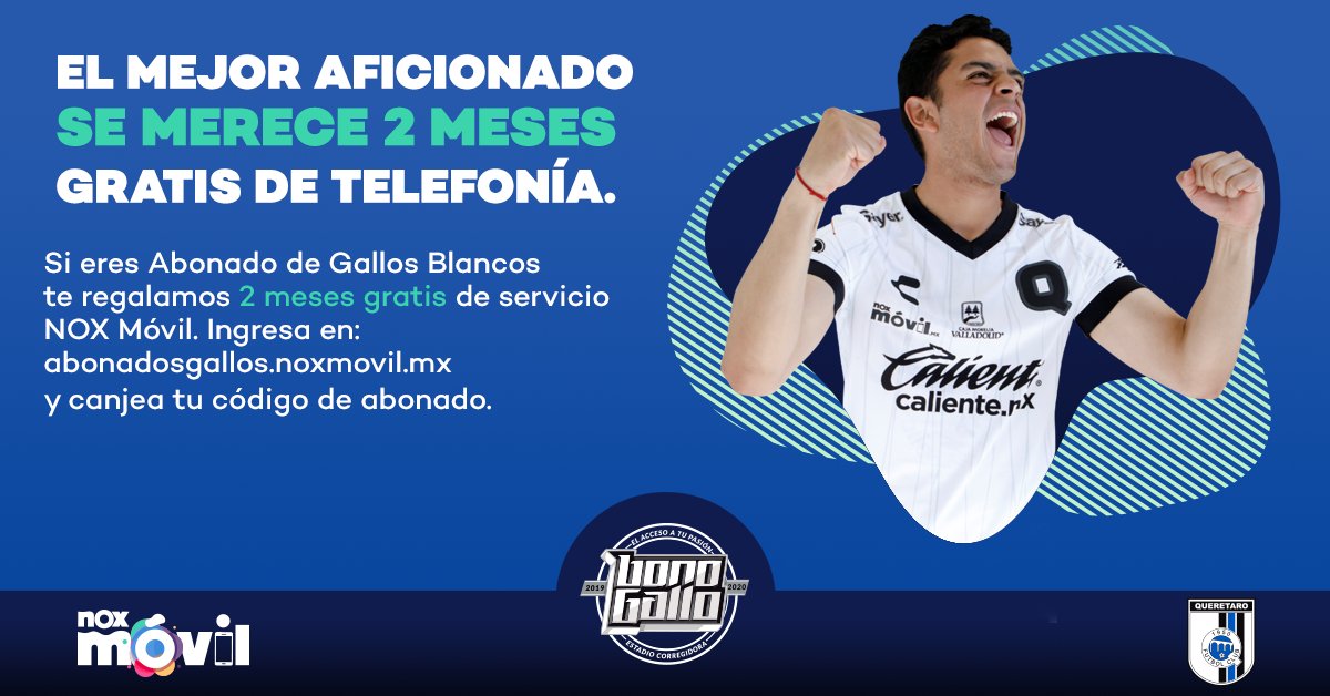 Esta promoción es exclusiva para #Abonados de los #GallosBlancos de #Querétaro. Si cuentas con tu #TarjetaDeAbonado de la temporada 2019-2020, te regalamos #2MesesGratis de servicio de telefonía #NoxMóvil. Ingresa a abonadosgallos.noxmovil.mx y entérate de los detalles.