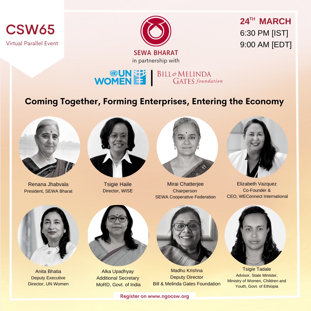 Join us tomorrow for Coming together, Forming enterprises, Entering the Economy at the #CSW65 event for a vibrant conversation on the importance of women-led Collective Social Enterprises, featuring some inspiring women. Know more: bit.ly/3975IL1 @SEWABharat @UN_CSW