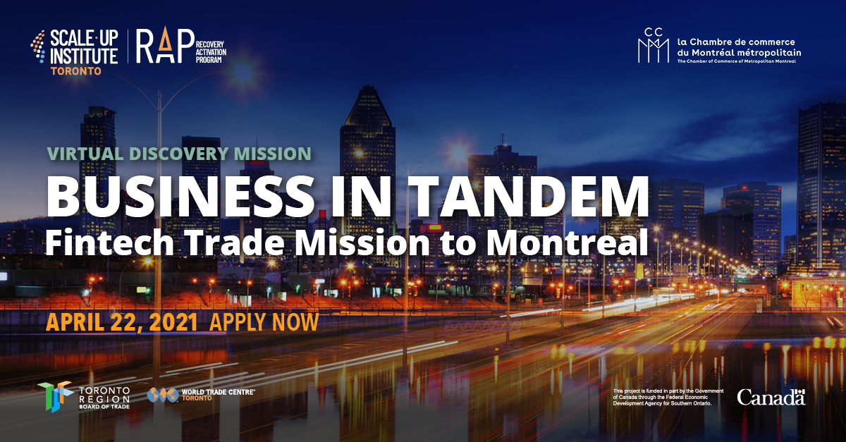 Are you looking to expand your footprint in the Montreal Fintech market? In partnership with <a href="/Acclr_CCMM/">Acclr</a>, you can take advantage of our virtual bilateral discovery trade mission to promote business opportunities in Montreal for Toronto Fintech companies.

bit.ly/3luJ6ci