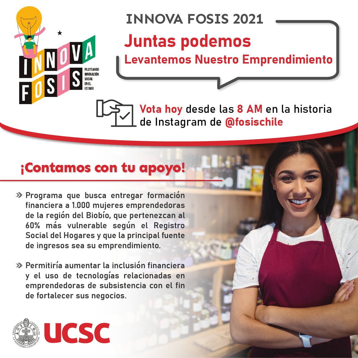 dinn_ucsc's tweet photo. Te invitamos a votar hasta el final del día por "Juntas podemos - Levantemos Nuestro Emprendimiento", proyecto que participa en el DESAFÍO MODERNIZACIÓN FINANCIERA del concurso #InnovaFosis2021
Link de votación (haz click en SÍ) https://t.co/uDYvAEvfHE
#InnovaciónUCSC https://t.co/borCUsuaJB