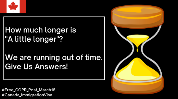 COPRPOSTMARCH18's tweet photo. @CitImmCanada 's email telling us to wait "a little longer "is quite vague, we have waited a whole year already. What we want now is exemptions to travel and land immediately @marcomendicino @CPHO_Canada @PattyHajdu @SalmaZahid15 @jasrajshallan 

#Free_COPR_Post_March18 https://t.co/wIkqbDMdMB