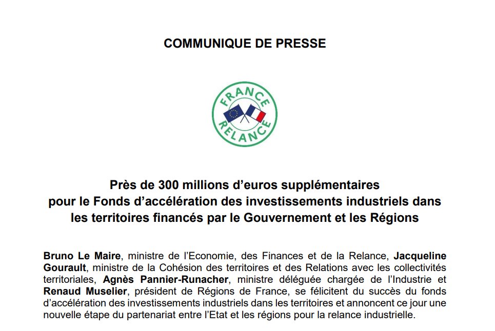 Les entreprises industrielles présentent de nombreux projets innovants ! Je salue la décision du <a href="/gouvernementFR/">Gouvernement</a> et de <a href="/Regionsdefrance/">Régions de France</a> d'apporter près de 300M€ supplémentaires au Fonds d’accélération des investissements industriels dans les territoires.➡️bit.ly/3cWr2UE