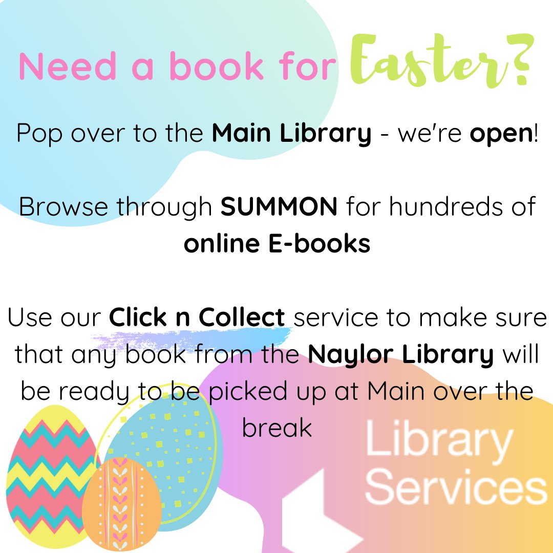 LibraryStMarys's tweet photo. It's the Easter vacation next week! The Main Library will remain open 24h hours, but the Naylor Library opening hours will be changing- please see the library pages of SIMMSpace or StaffNet for details. https://t.co/btBVMcXJw9