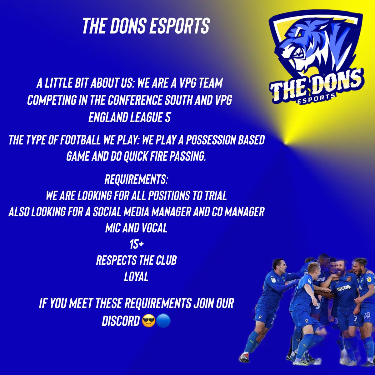 DonsEsports's tweet photo. https://t.co/uk7SaoN3B5
Retweets and likes mean a lot 🔵🟡

@Freeagent_PS @S6_trialhouse @The_PlayerHub @Saf_proclub @ProClubsAgency @VPGFreeAgents 

#TheDons https://t.co/4O2Vky4s6r