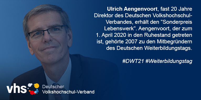 vhs_dachverband's tweet photo. Ulrich Aengenvoort, ehem. Direktor des Dachverbands der #vhs, erhielt heute beim Auftakt zum Deutschen #Weiterbildungstag #DWT2021 den💐🎖️"Sonderpreis Lebenswerk" für sein Engagement zur Verbesserung der Rahmenbedingungen des Lebenslangen Lernens. ➡️https://t.co/1gEJ9O5LGj https://t.co/8b9dZmKZ26