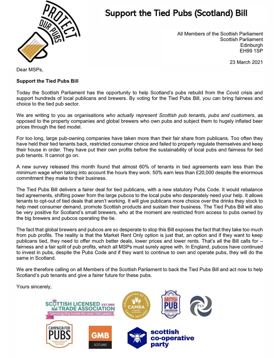 We urge @ScotParl to vote for a freer fairer #pub & #beer sector in #Scotland & back @NeilBibby’s #TiedPubsBill today!👏🏴󠁧󠁢󠁳󠁣󠁴󠁿⚖️

Joint letter from us @SLTAssociation @CAMRA_Official @GBPubConfed @PubsAdvisory @GMBScotOrg @ScotCoopParty to all MSPs

#ProtectOurPubs #SavePubsnotPubcos