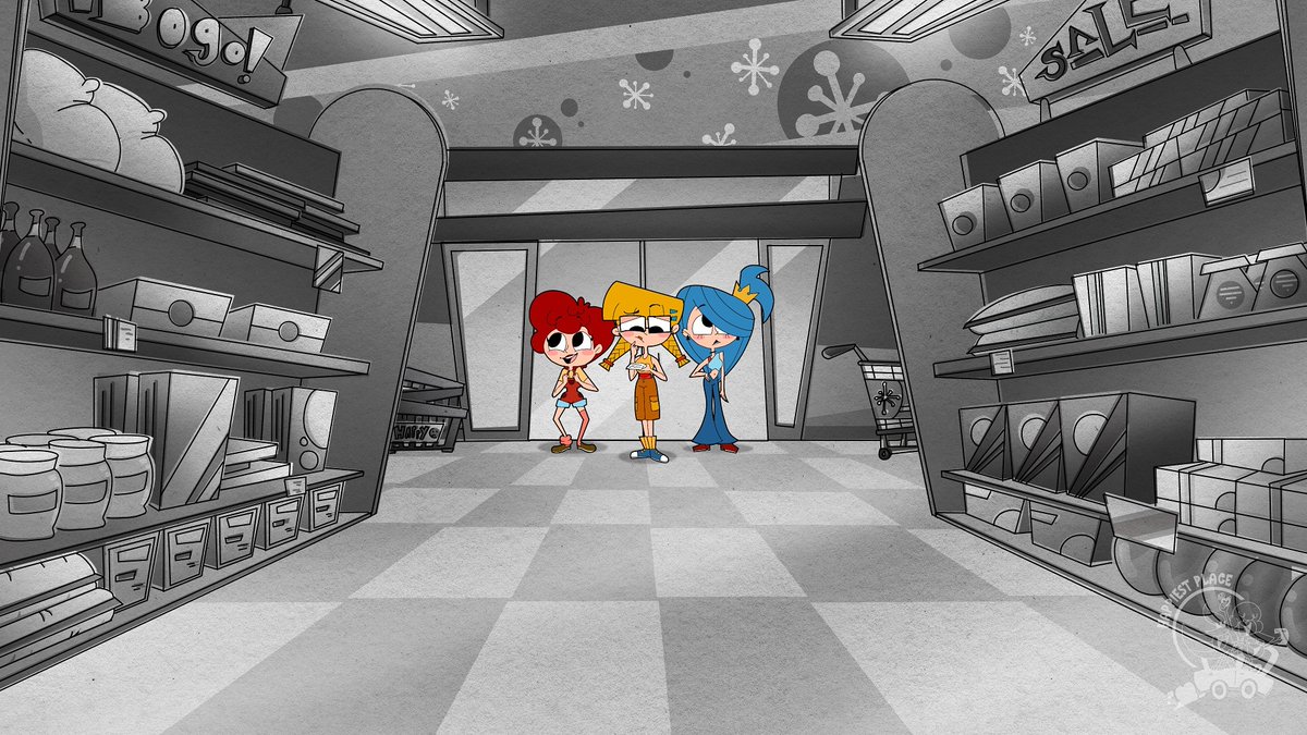 Welcome back from spring break! Our girls are ready to get to work searching through the Happy Mart, but something seems a bit off with it...

This style frame is by <a href="/alldrawnup/">Ally/Alex</a>
#thehappiestplace #studentfilm #animation #styleframe #visdev