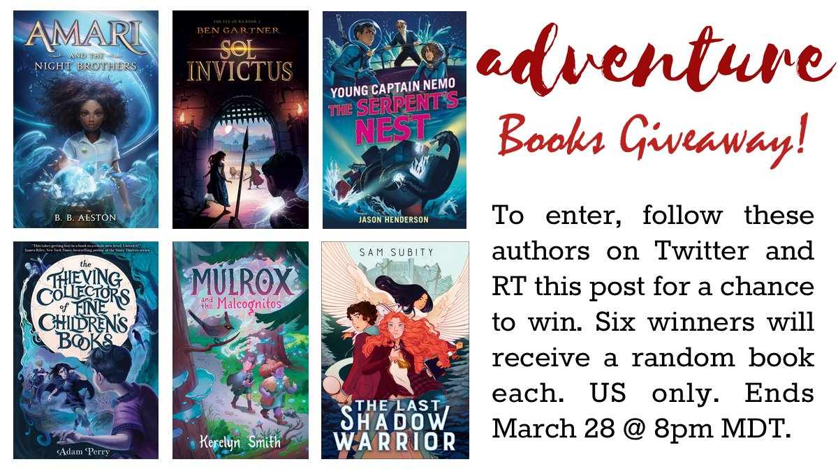 💥ADVENTURE BOOKS GIVEAWAY!💥

To enter for a chance to win one of these books, follow these authors and RT this post.

<a href="/bb_alston/">B.B. Alston</a> 
<a href="/BGartnerWriting/">Ben Gartner</a> 
<a href="/jasondhenderson/">Jason Henderson is elsewhere online</a> 
<a href="/misterperry/">Adam Perry</a> 
@KerelynSmith 
<a href="/sjsubity/">Sam Subity</a> 

#BookGiveaway #KidsNeedBooks #MGLit