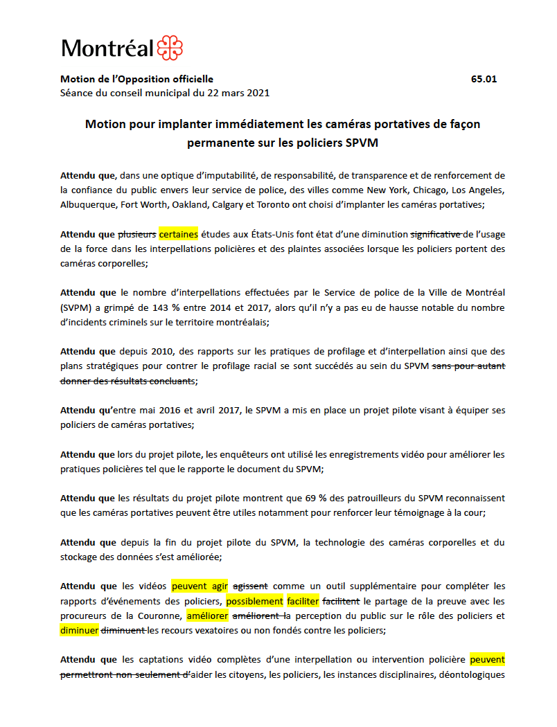EnsembleMtl's tweet photo. Projet Montréal a complètement dénaturé notre motion sur les caméras portatives. Nous ne pouvons pas endosser les changements alors qu'ils ne remplissent plus les objectifs visés. L'admin vient de se prêter à un exercice de relation publique pour s'approprier la motion. #polmtl https://t.co/ffQW7XrxtP