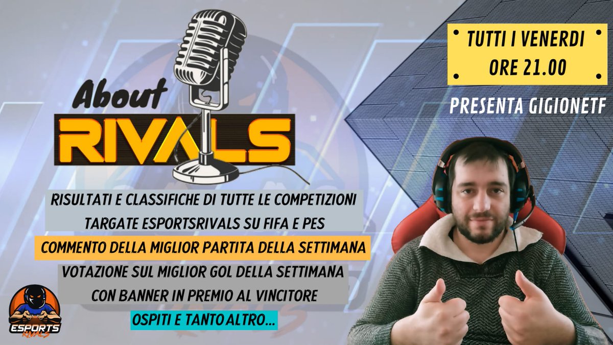 eLUDO_official's tweet photo. Nuova rubrica targata EsportsRivals. 
About Rivals tutti i venerdì alle 21. 
Parleremo di Rivals Championship, Poseidon, Coppe Internazionali, Pes, e premieremo il miglior gol della settimana. Presenta @GigioneTf 
Non mancate!!! @HouseOfProClub @NewsProclub @OffSidePage_ https://t.co/xx4oUa5mal