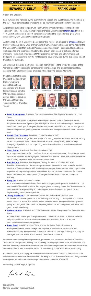 Strong teams make for strong futures. The #IAFF's future is brighter than ever with this diverse group who will work with GP-Elect Kelly's team to make sure our union is strong for decades to come as #OneIAFF: buff.ly/3rb9FEE. #IAFFGST #UniteFightOrganize #LimaforGST