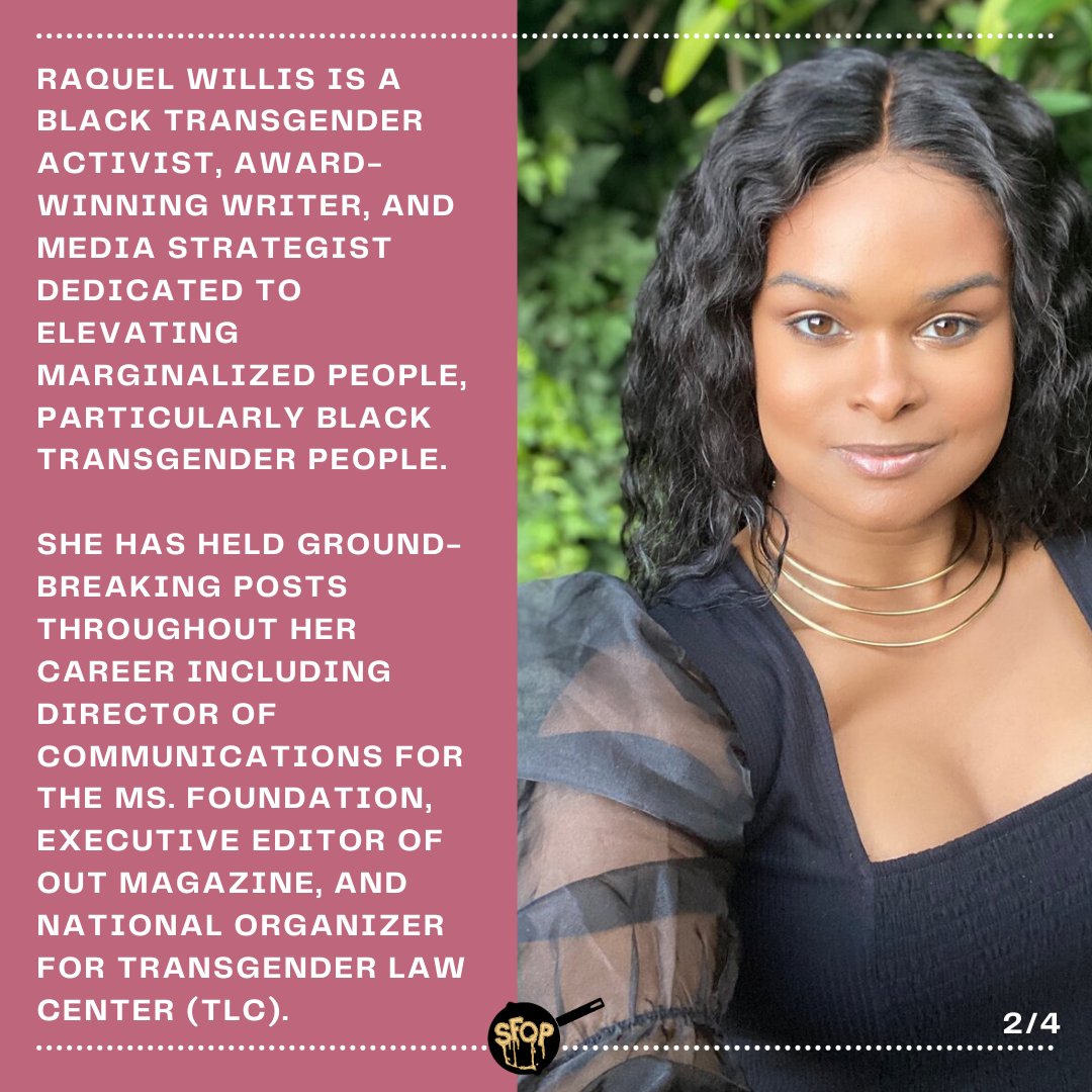 sfqpatl's tweet photo. ⁠⁠
This week we're highlighting the prolific Raquel Willis // @RaquelWillis_  - activist, award-winning writer, and media strategist. Read up to learn more about Raquel, and follow her to get to know her work!✨⁠⁠
⁠⁠ https://t.co/9lXuwM5BaX