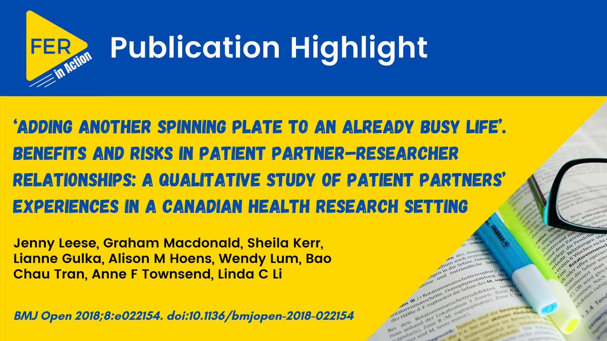 FER_InAction's tweet photo. ✨#studyhighlight✨ Leese et al (2018) co-designed + co-conducted a #qualitative study w/ #patientpartners to understand the benefits &amp; risks of patient-research partnerships, from the perspective of 22 patient partners in arthritis research https://t.co/in5Ntng0Vh [1/4] https://t.co/g6Ekix5HSK