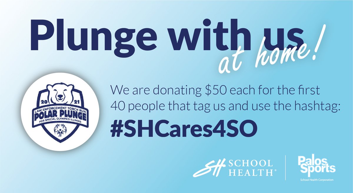 schoolhealth's tweet image. We have raised $200 for @SO_Illinois #PolarPlunge! Help us reach our goal of $5,000 by tagging us in your plunge videos. We'll donate $50 for the first 40 posts using the hashtag #SHCares4SO
 
We hope you'll join us! Happy Plunging!
 
@SpecialOlympics @PalosSports  #BeBoldGetCold